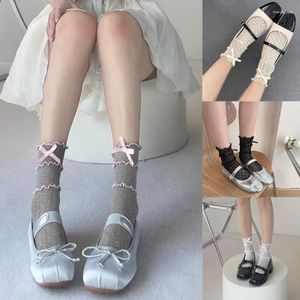 Kadın Socks Womens Dantel Bowknot Boş Out Nefes Alabaş Gül Desen Prenses