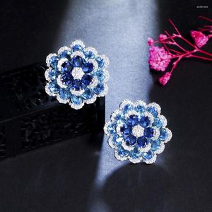 Studörhängen Treegraces Elegant Blue Cubic Zirconia Big Flower for Women Korean Fashion Summer Party Jewelry Accessory E850