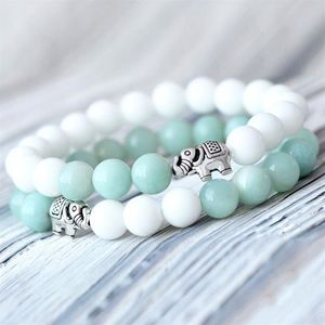 MG0753 8 mm A Amazonite Bransoletka klasa Zestaw Elephant Charm Break Mala Bransoletka 8 mm Biała skorupa Bransoletka joga Set309q