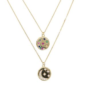 round disco coin necklace gold plated engraved white rainbow cz moon star shooting star design fashion necklaces220I