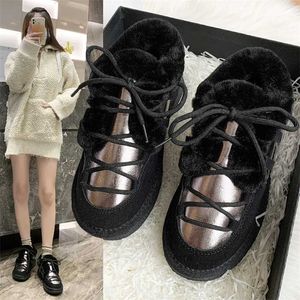 Buty śnieg damskie zimowe moda okrągłe palce płaskie z pluszową zewnętrzną noszenie krótkie top furia koronkowe bawełniane buty 230830