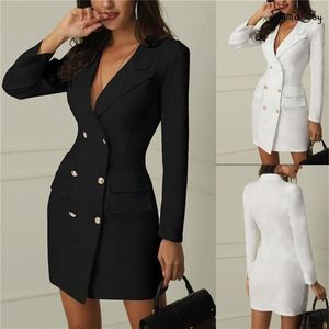 Vestidos casuais mulheres negócios mini vestido elegante escritório senhoras roupas duplo peito inverno outono feminino blazer vestidos outwear234r
