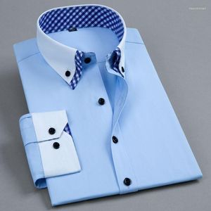 Herren-Freizeithemden, langärmelig, Doppelkragen, Modedesigner, koreanisches Slim-Fit-Business-Hemd, blaue Baumwolle, bügelfrei, Anti-Falten