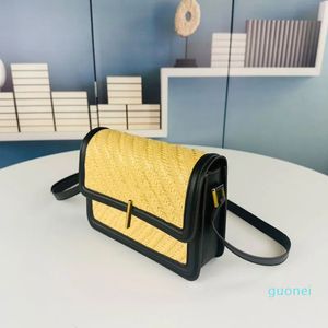 Strohgeflecht Umhängetasche Klappe Schulter Messenger Bags echtes Leder Mode Buchstaben Frauen Handtaschen Geldbörse Zweifarbige Geldbörsen 23 cm