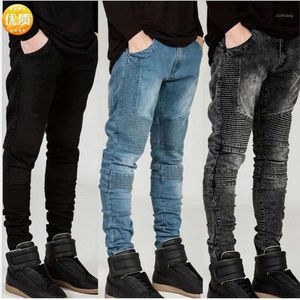 Jeans masculinos verão homens estiramento motociclista marca locomotiva calças super skinny rugas pés magros jogar europa streetwear denim1299t