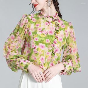 Women's Blouses Real Silk Shirts For Women Vintage Elegant Long Lantern Sleeve Fashion Blouse Clothing Floral Shirt Tops