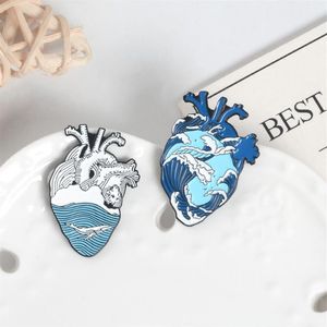 Blue Ocean Heart Pins Schmuck Roaring Wave Whale Emaille Revers Pin Broschen Kreative Meeresorgel Denim Shirt Tasche Abzeichen Broad-minded2815