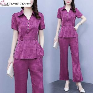 Calças femininas de duas peças verão novo cinto decoração cintura envolto chiffon camisa casual conjunto elegante roupas de escritório