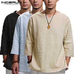 Incerun estilo chinês camisas dos homens manga longa dobrado com decote em v simples camiseta solta ajuste algodão topos homem roupas masculinas m2953