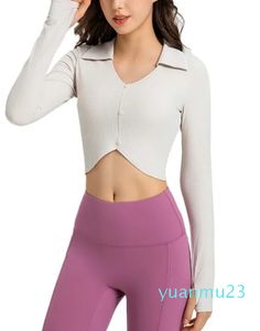 Moda sexy midriff esportes manga longa com almofada no peito pele macia alta forma elástica yoga wear