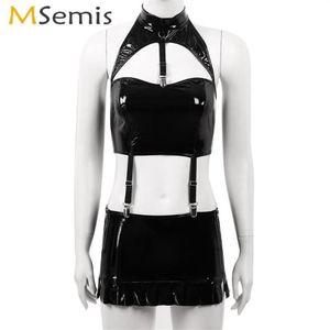 Damenhöschen Frauen Erotischer Latex Minirock mit Neckholder Ausschnitt Crop Top Clubwear Rave Lackleder Outfit Sexy Wet Look B211k