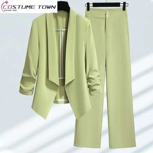 Женские брюки из двух предметов в корейском стиле, облегающая тонкая куртка, Блейзер, повседневный широкий крой, элегантный комплект из двух предметов, летние офисные наряды