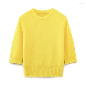 Suéteres femininos YENKYE Outono 2023 Mulheres O Pescoço Manga Curta Amarelo Soft Touch Knit Sweater