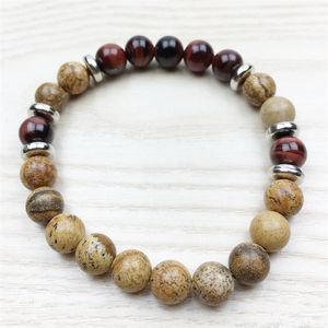 SN1032 Toppdesign Herrarmband Healing Meditation Armband Mala Pärlor Red Tiger Eye Picture Jasper Armband Whole209D