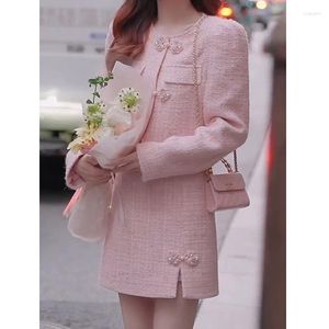 Vestido de duas peças estilo francês feminino terno saia conjunto fragrância primavera e outono outfit casaco rosa doce menina jaqueta de duas peças
