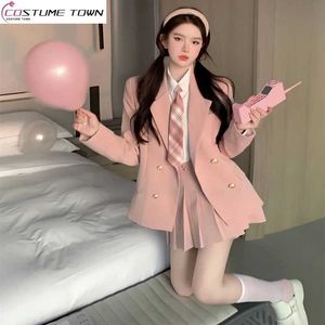 Vestido de duas peças gravata decoração camisa branca blusa fino ajuste jaqueta rosa blazer mini saia plissada três calças femininas elegantes conjunto roupas