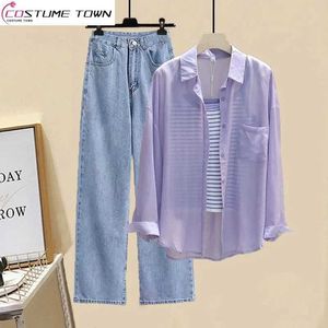 Women's Two Piece Pants Korean Hollow Out Sunscreen Chiffon Shirt Striped Vest Wide Leg Three Set of Elegant Casual Outfit