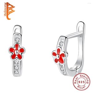 Brincos de argola brinco 925 prata esterlina flor fofa esmalte vermelho transparente cz brincos para meninas crianças presente de infância