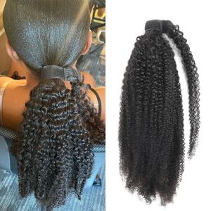 Afro Kinky Curly Kordelzug Pferdeschwanz Mongolisch Kinky Curly Wrap Around Pferdeschwanz 4B 4C Remy Haarverlängerungen Echthaar Pferdeschwanz Haarteil 120g Tiefschwarz