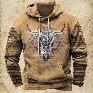 Erkek Hoodies Sonbahar Hoodie Aztek Sığır Kafatası Baskı Büyük Boy Caddesi Uzun Kollu Erkekler Moda Sweatshirts