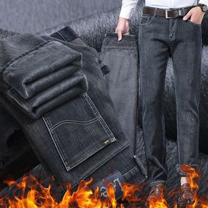 Nya jeansbyxor byxa mäns byxor sträcker fleece förtjockning vinter ddicon broderade nära passande jeans bomullsslacks tvättade rak affär casual xl521-9