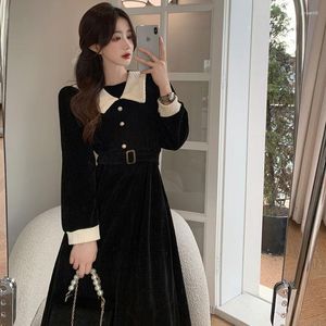Casual Dresses Elegant Office Ladies Women Dress Long Sleeve Corduroy Solid Color Korean Fashion Vintage Girls Fall Midi 2023