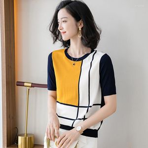 Women's Sweaters 2023 Ice Silk Short Sleeve Women Cotton Pullover Striped Grid Loose Patchwork Knit T-Shirts Lady Yellow Navy O-Neck Elegant