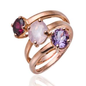 Hela rosguld över Silver Ring Classic 3-Stone Rose Quartz Amethyst Garnet Gemstone Fine Jewelry315D