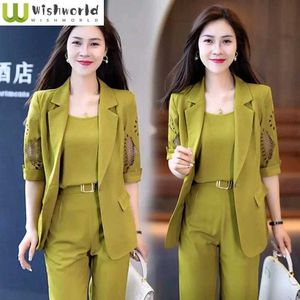 Women's Two Piece Pants Autumn New Vintage Hollow Short Sleeve Jacket with Tank Top Casual Three Elegant Suit Office Set