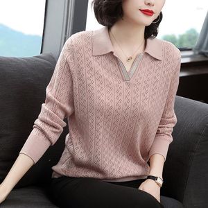 Womens Sweaters Spring Autumn Office Lady Solid Color Turn-down Collar All-match Basic Long Sleeve Hollow Out Jumpers Clothing
