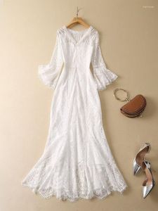 Casual Dresses Summer White Mermaid Lace Wedding Party for Women 2023 Runway Elegant Flare Sleeve Long Maxi Vestidos Evening Robe