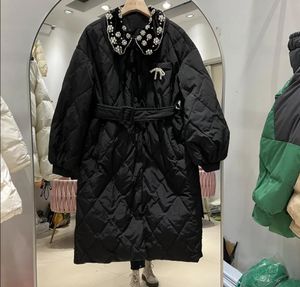 Winter mi-u-m New Down Coat Women's Mid length Fashion Waistband Slim Down Coat Belt Warm Coat