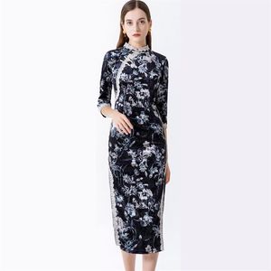 womens vintage dresses stand collar 3 4 sleeves printed lace piping side split printed velour chinese style qipao dresses281p