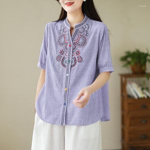 Blusas femininas algodão linho estilo chinês bordado camisa roupas soltas manga curta verão o pescoço moda topos ycmyunyan