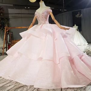 2024 Pembe ışıltılı sevgilim quinceanera elbiseler omuz boncuk kapalı pullu katmanlı tatlı vestidos de 15 kız