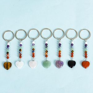 Keychains 12pcs Natural Stone Keychain 7 Colors Chakra Beads Heart Shape Key Holder Mineral Ring Jewelry Bulk