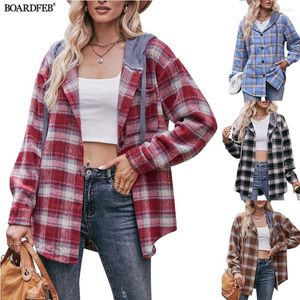 Women's Jackets Women Plaid Flannel Coat Hooded Casual Shirt Uxury Fluffy Button Down 2023Autumn Winter Fashion Wear