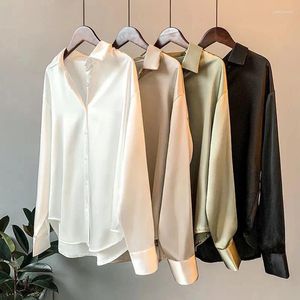 Elegante imitação de seda blusa primavera moda feminina mangas compridas blusa de cetim vintage femme stand camisas de rua