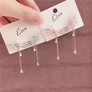 Fashion-New Fashion Women Korean TV Star Sweet Zircon Flower Drop Earrings Elegant Water Drop Long Line Pendientes Jewel Girl Gif22a