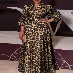 Vonda kvinnor lång maxi klänning vintage leopard tryckt sexig lykta ärm bohemiska vestidos överdimensionerade sommarfest sundress 220407220q