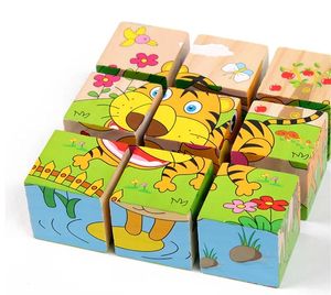 Blocos de madeira para bebês, brinquedos para crianças, cubo de seis lados, quebra-cabeças, jogo de animais, tráfego de frutas, aprendizagem precoce, brinquedos educativos