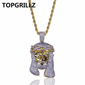 Topgrillz guldfärgpläterad IECD ut Hiphop Micro Pave CZ Stone Farao Head Pendant Halsband med 60 cm repkedja257w