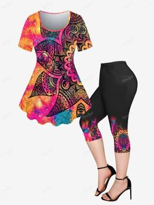 Calças femininas de duas peças plus size conjunto de correspondência tie dye glitter paisley impresso camiseta ou bolsos capri leggings gráfico topo magro XS-6X