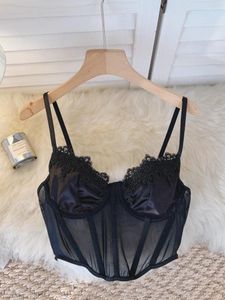 Damentanks Foamlina 2023 Sommermode Frauen Schwarze Camis Sexy Verstellbarer Träger Ärmellos Durchsichtig Mesh Fishbone Blumenspitze Crop Top