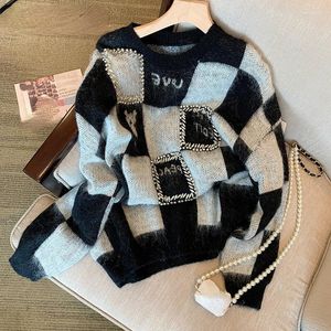 Suéteres femininos diamantes checkerboard mohair suéter tops mulheres outono inverno oversized manga comprida o-pescoço pulôver solto vintage jumper