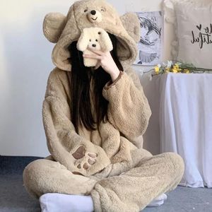 Women's Sleepwear Autumn Winter Cute Bear Ears Coral Fleece Hooded Pajama Sets Women Sweet Kawaii Warm Homewear Girls Lounge 2PC Set