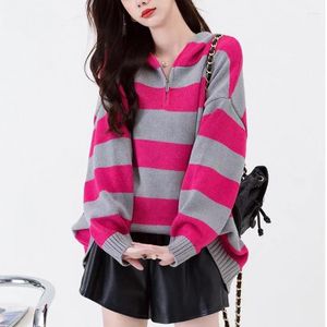 Womens Sweaters Hsa 2023 Contrast Color Striped Zipper Hooded Sweater Fashion Loose Retro Soft Glutinous Lazy Style Long Sleeve Tops