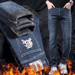 Novas calças jeans calça calças masculinas estiramento velo espessamento inverno ddicon bordado jeans apertado calças de algodão lavado em linha reta negócios casual XW985-1-1