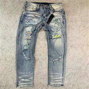 Luxurys Designer Mens Jeans Sıradan Nakış Vintage Patchwork Pants Klasik Aplike Moda Delikleri Motosiklet Biker SL Sıska 65307n