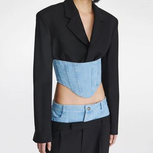 Kadın Suit Moda Kadınlar Blazer Coats Sonbahar 2023 Taarrılmış yakalı uzun kollu patchwork denim bel bandı ince arka fermuarlı takım elbise üst y2k